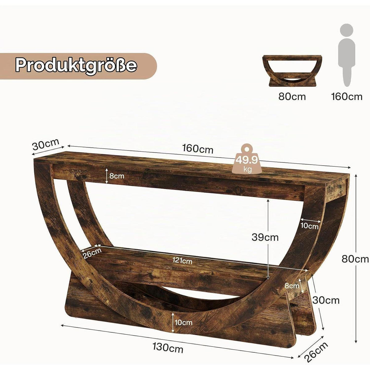 Konsolentisch 160 cm mit Ablage – Schmaler Flurtisch Holz