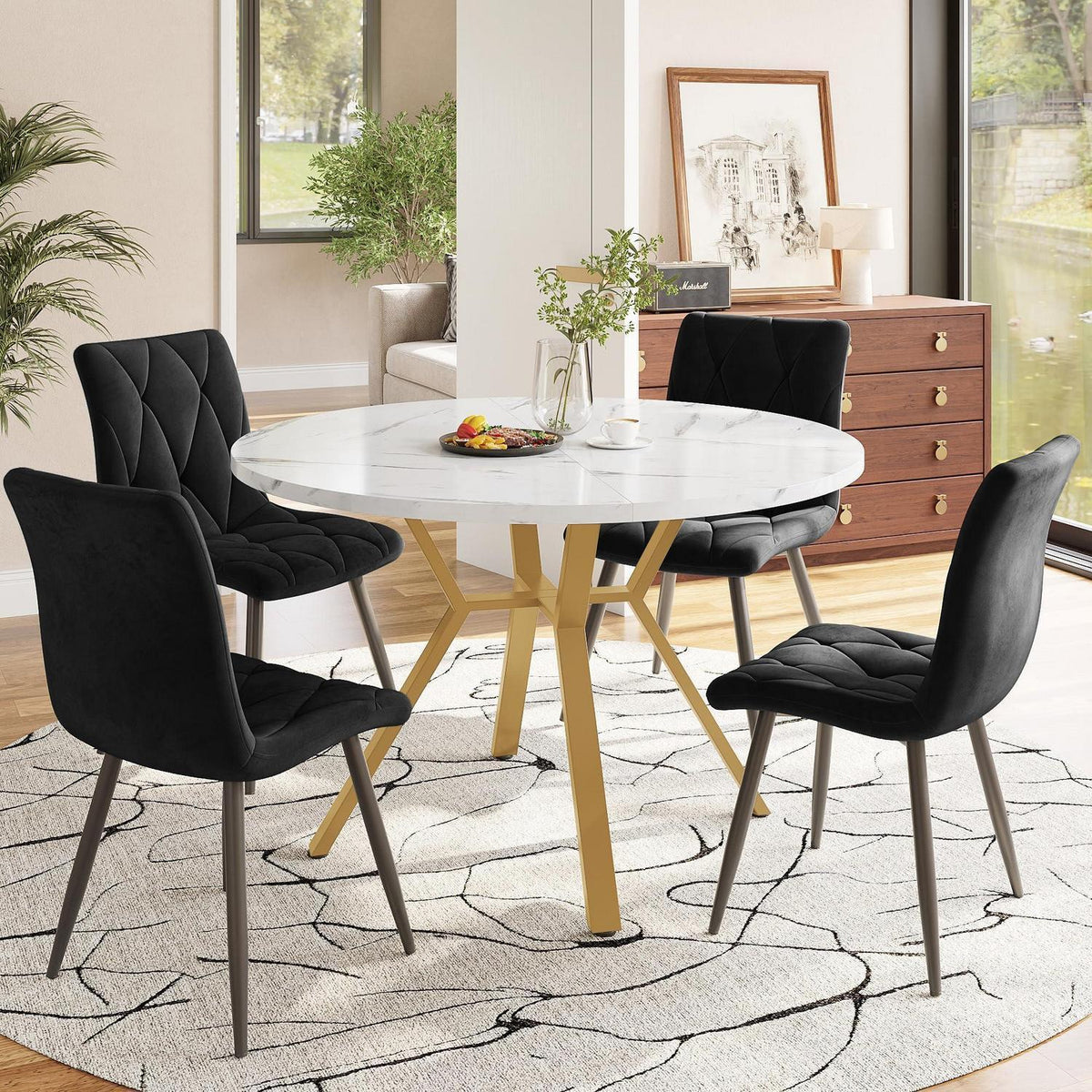 Runder Esstisch Set mit 4 Samtstühlen – Modern & Elegant