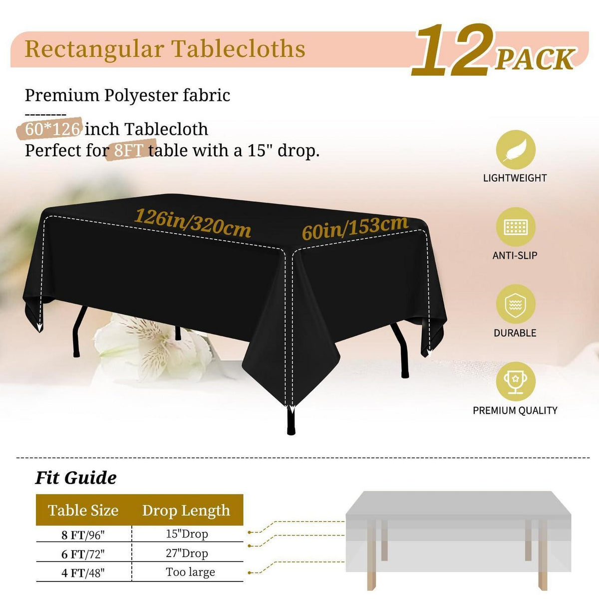 12x Schwarz Tischdecke 153x320cm – Rechteckig & Waschbar