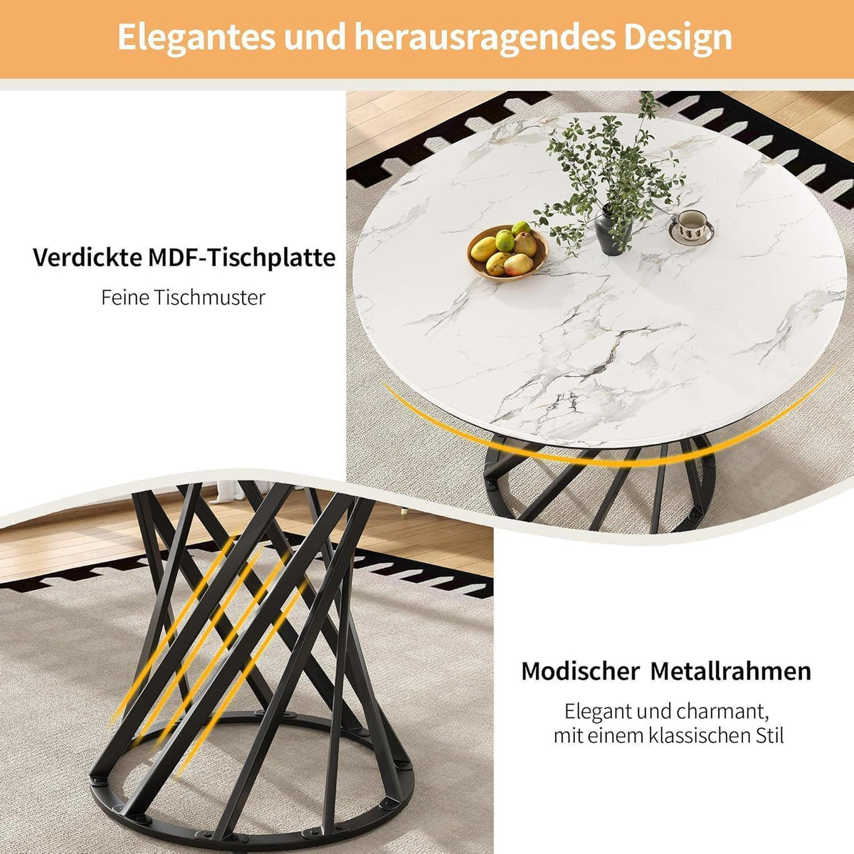 Runder Esstisch Set für 4 Personen | Weiß mit Samtstühlen