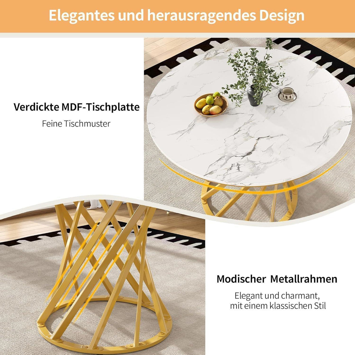 Runder Esstisch Set für 4 Personen | Weiß mit goldenen Stühlen