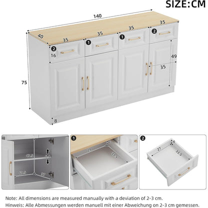 Weißes Sideboard mit 4 Schubladen & Scheunentüren (140x40x75cm)