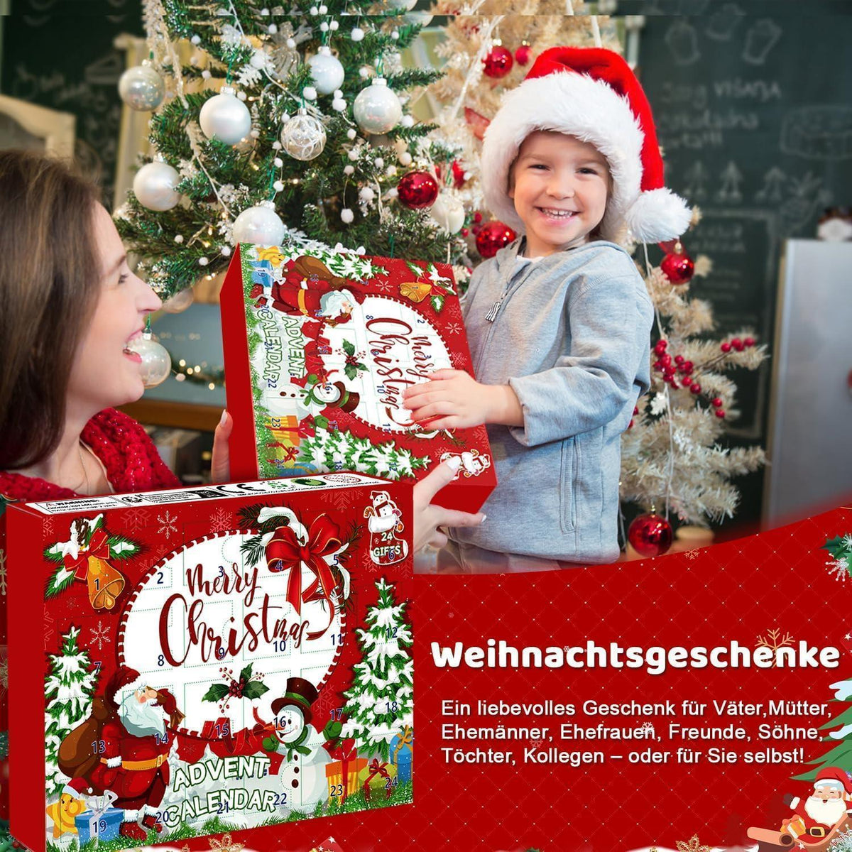 Adventskalender Socken 24 Paar für Damen & Herren (Rot 39-45)