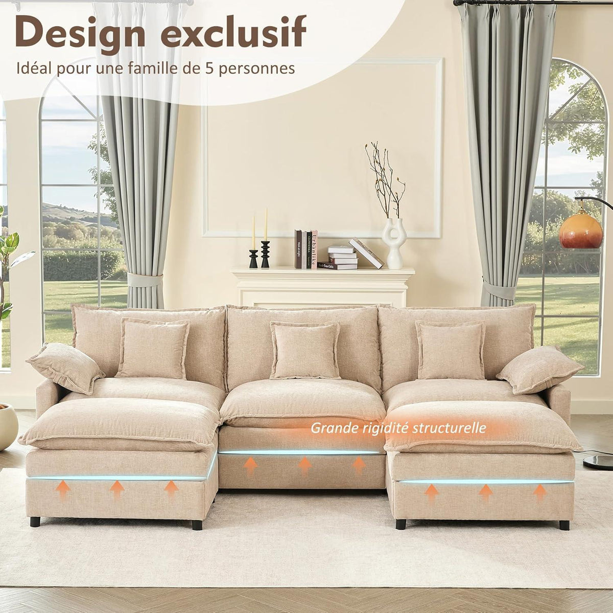 Modulares U-förmiges Sofa 3-Sitzer mit Hocker, Hellbraun