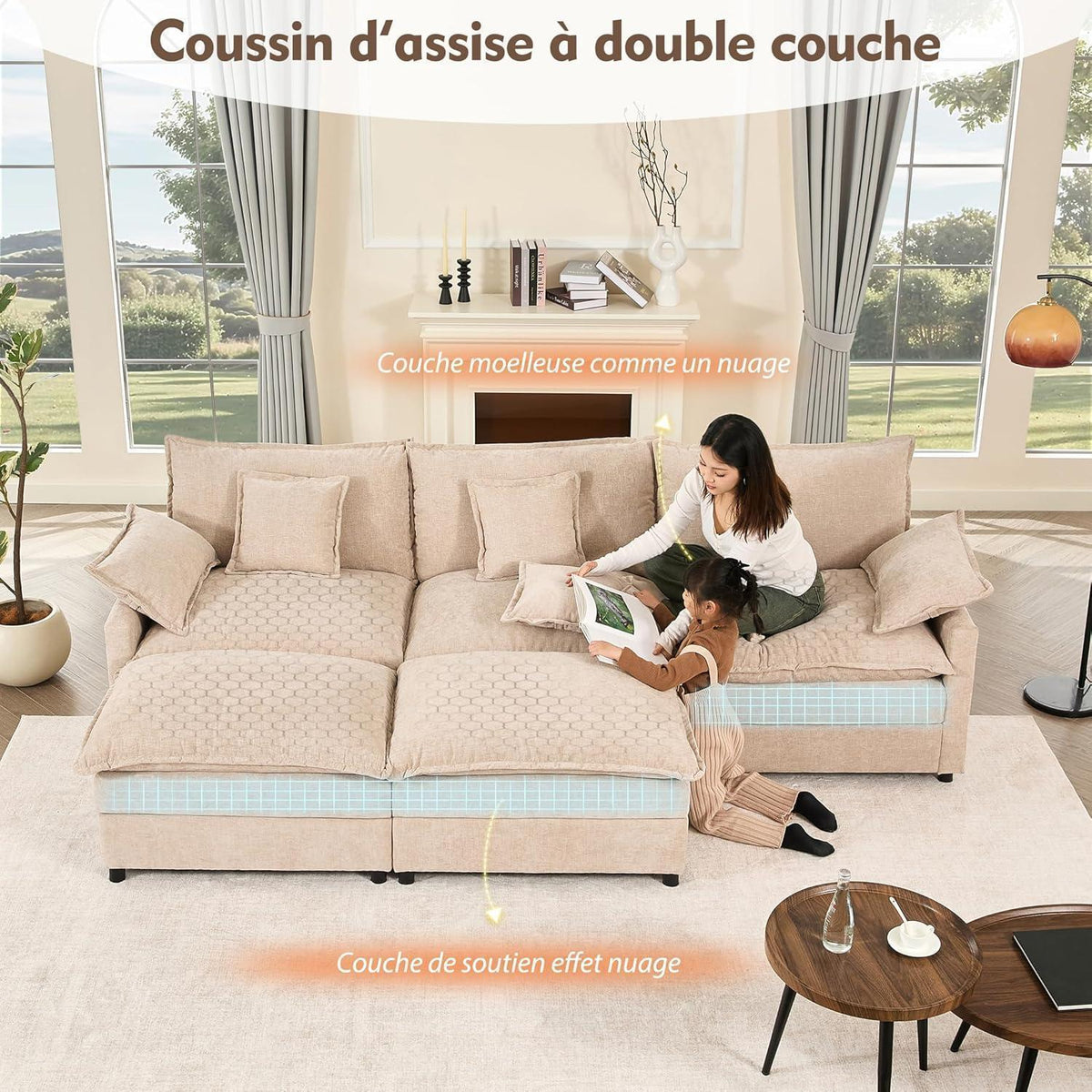 Modulares U-förmiges Sofa 3-Sitzer mit Hocker, Hellbraun