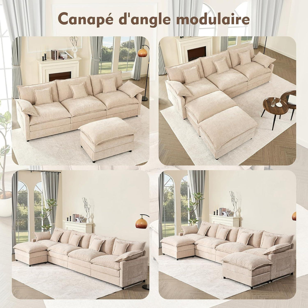 Modulares U-förmiges Sofa 3-Sitzer mit Hocker, Hellbraun