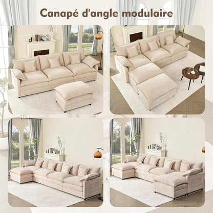 Modulares U-förmiges Sofa 3-Sitzer mit Hocker, Hellbraun