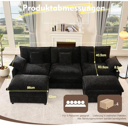 Modulares U-förmiges Sofa 3-Sitzer mit Hocker & Chenille-Bezug (Schwarz)