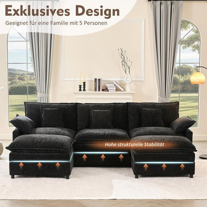 Modulares U-förmiges Sofa 3-Sitzer mit Hocker & Chenille-Bezug (Schwarz)