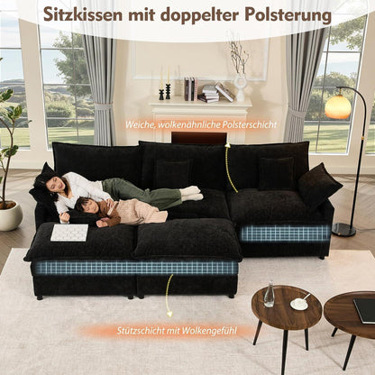 Modulares U-förmiges Sofa 3-Sitzer mit Hocker & Chenille-Bezug (Schwarz)