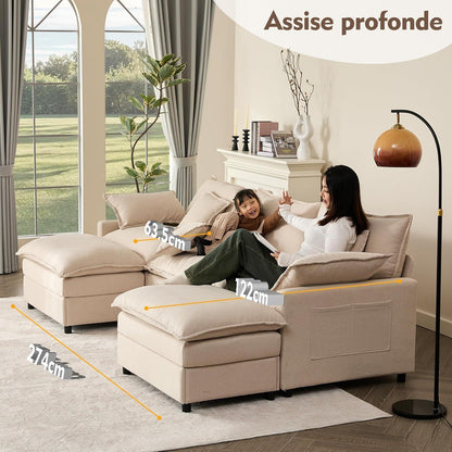 Modulares U-förmiges Sofa 3-Sitzer mit Hocker – Beige Cloud Couch