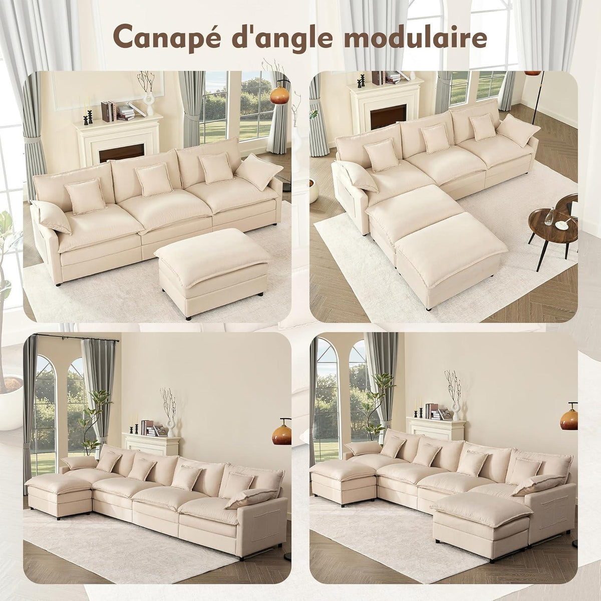 Modulares U-förmiges Sofa 3-Sitzer mit Hocker – Beige Cloud Couch