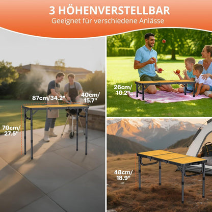 Höhenverstellbarer Campingtisch 87x40cm, 3 Höhen, Schwarzgelb