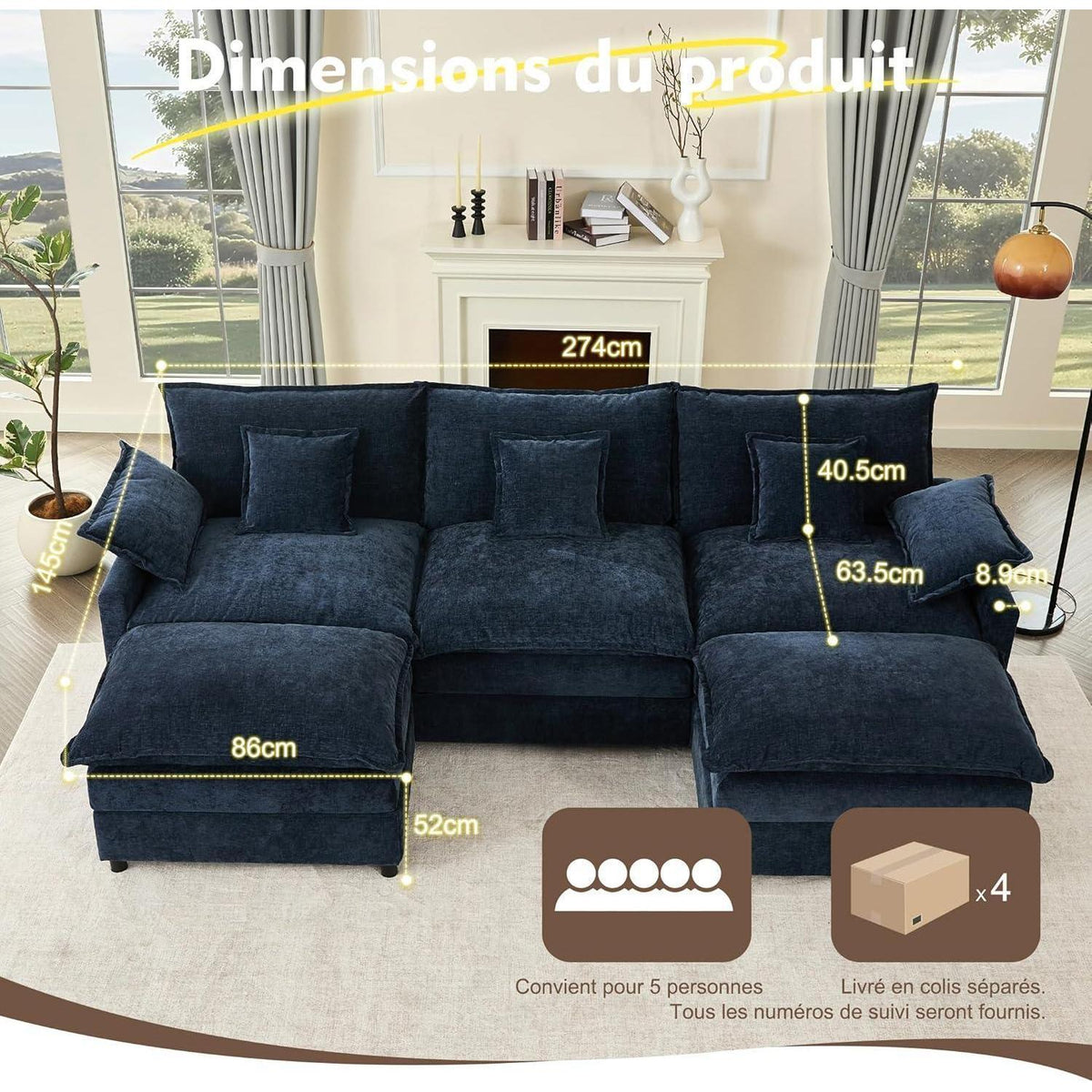 Modulares U-förmiges Sofa 3-Sitzer Navyblau mit Hocker