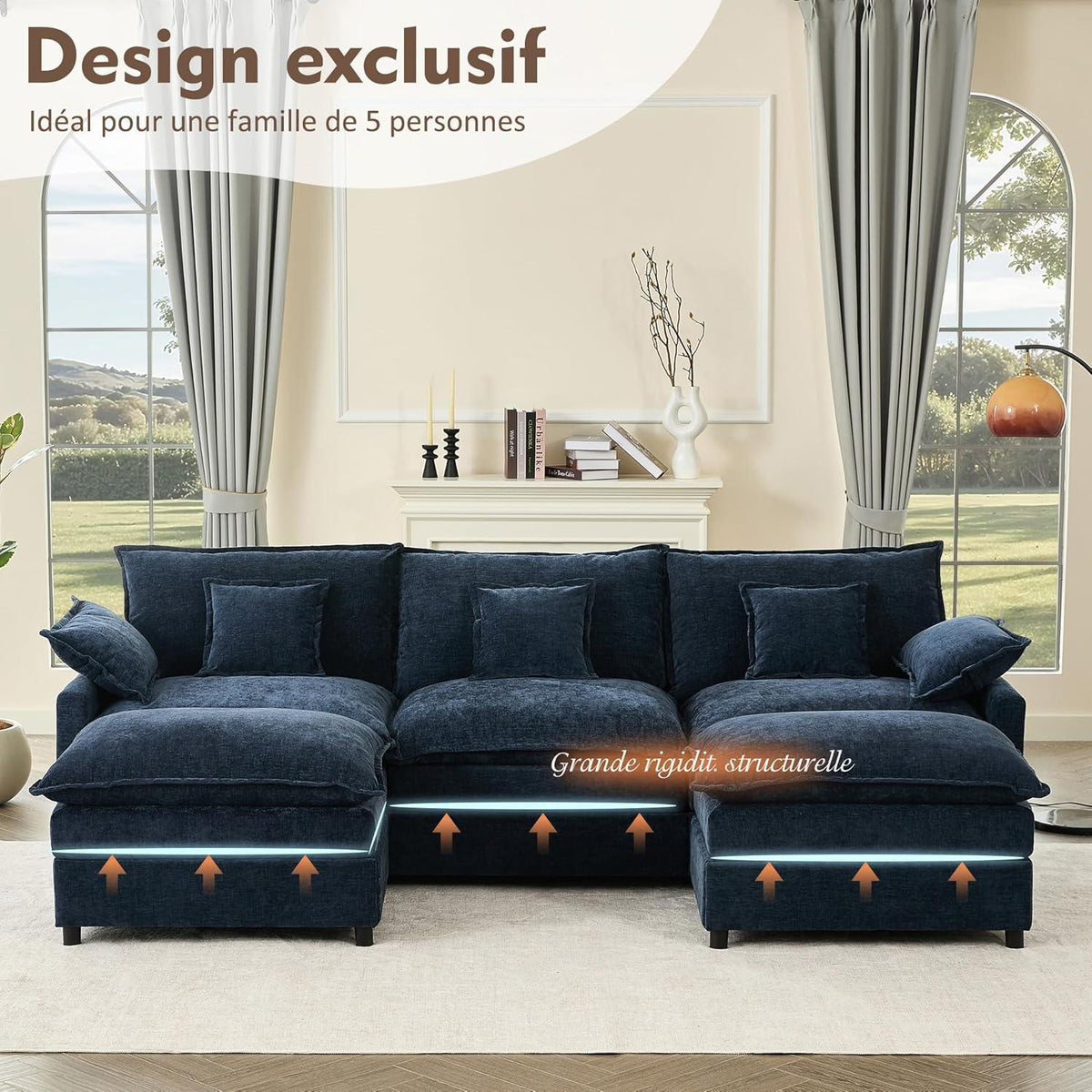 Modulares U-förmiges Sofa 3-Sitzer Navyblau mit Hocker