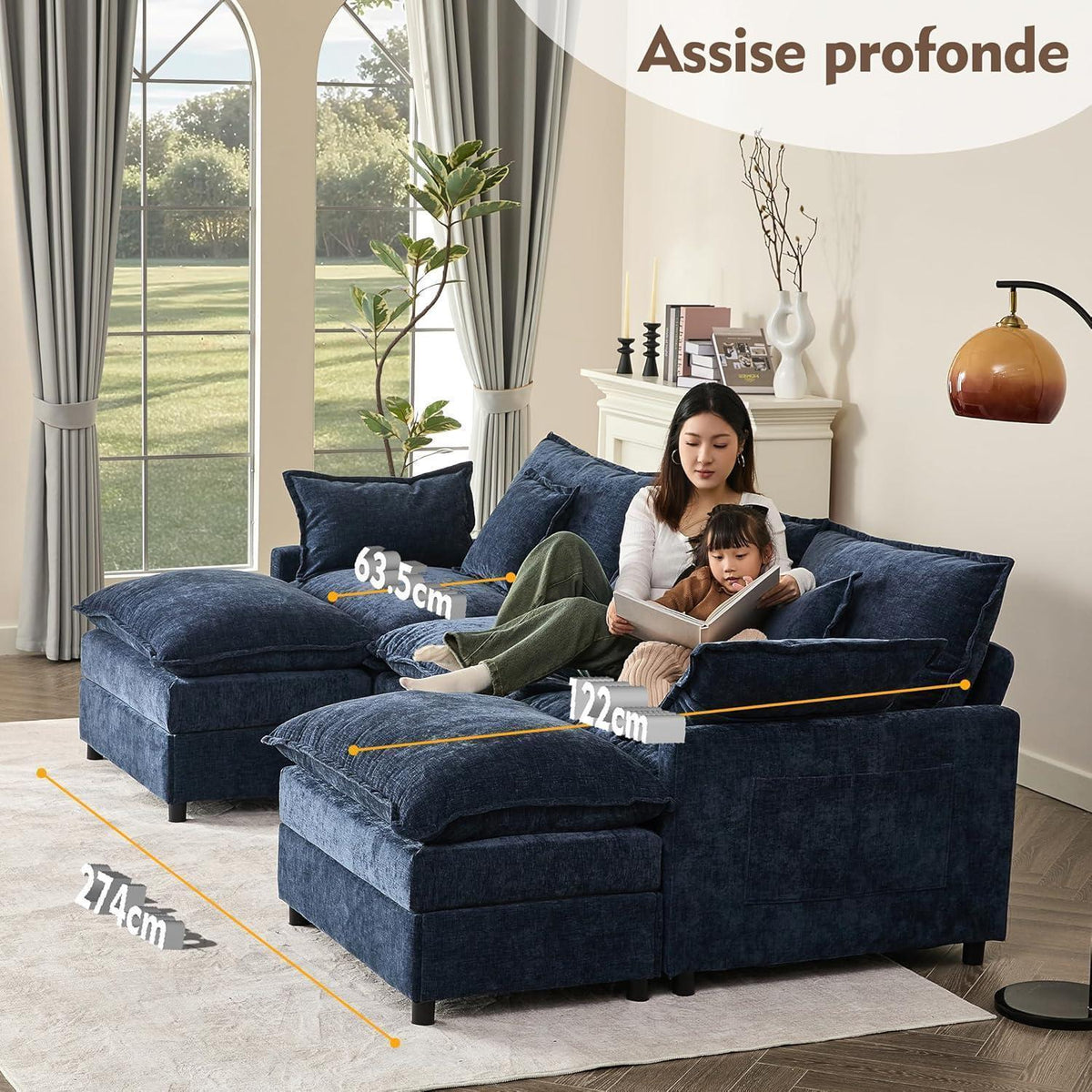 Modulares U-förmiges Sofa 3-Sitzer Navyblau mit Hocker