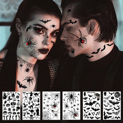 Halloween Gesichts-Tattoos 8 Blatt Fledermäuse Spinnen Augen Halskette