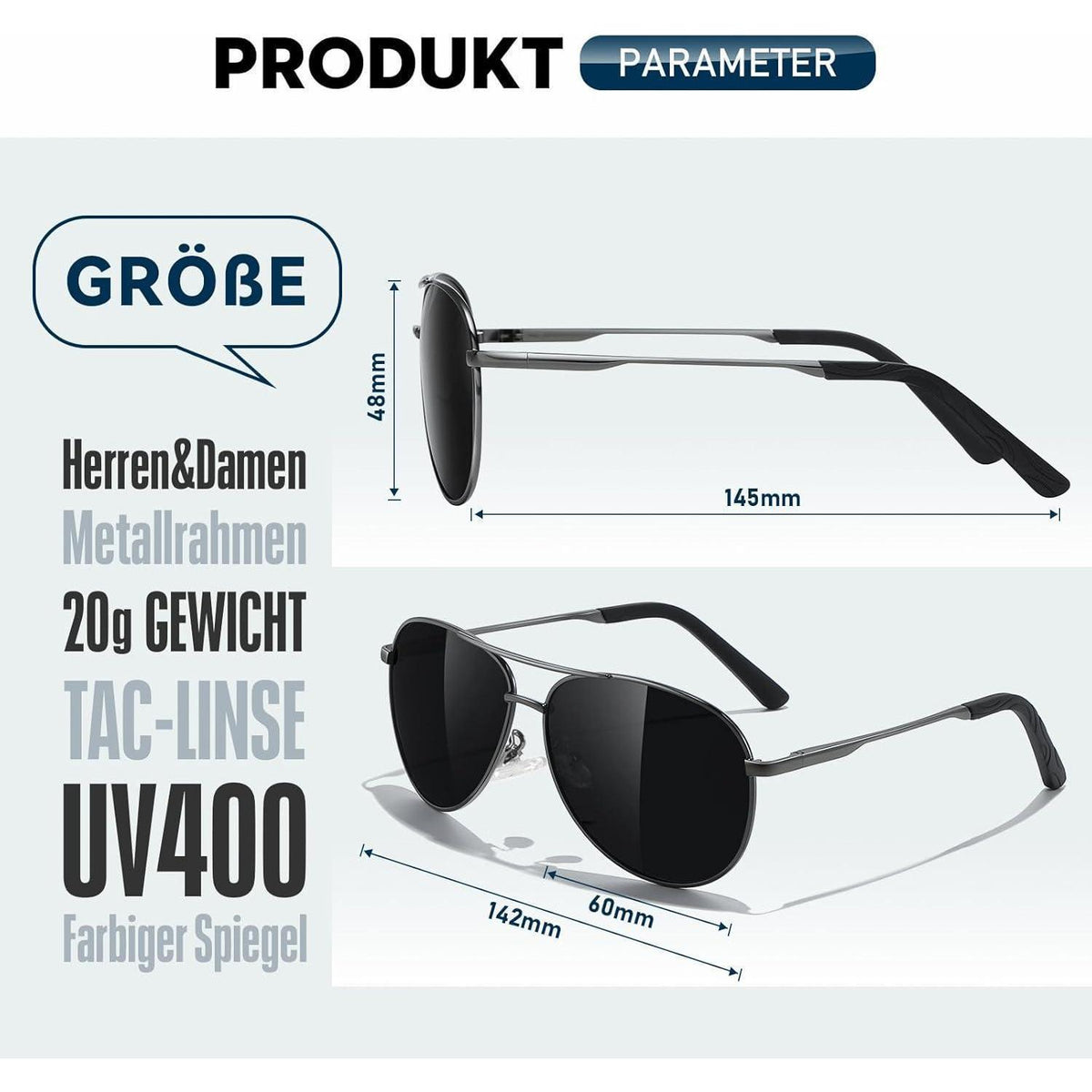 Polarisierte Sonnenbrille Unisex UV400 Vintage Metallrahmen Grau/Schwarz