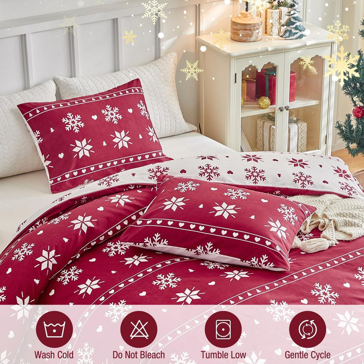 Weihnachts Bettwäsche-Set rot Schneeflocken 200x200 cm