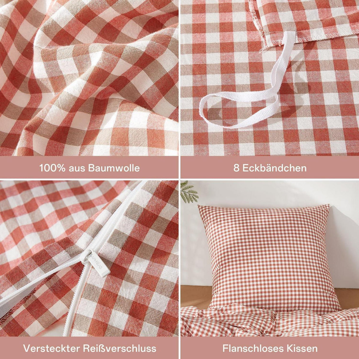 Gewaschene Baumwoll Bettwäsche Set 200x220 Ziegelrot 3tlg. Karomuster