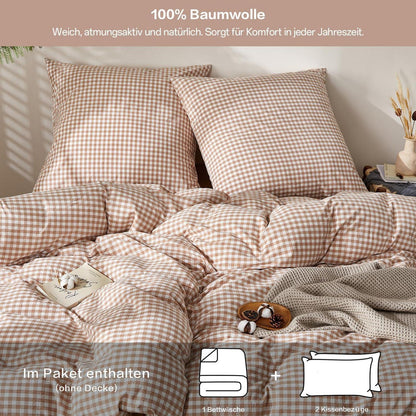 Gewaschene Baumwoll Bettwäsche Set 200x200 Taupe Kariert 3tlg.