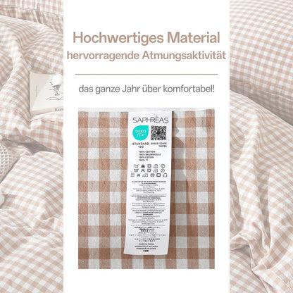 Gewaschene Baumwoll Bettwäsche Set 200x200 Taupe Kariert 3tlg.