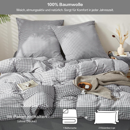 Gewaschene Baumwoll Bettwäsche Set Grau Kariert 200x200 cm