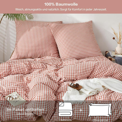 Gewaschene Baumwoll Bettwäsche Set 200x200 Ziegelrot 3tlg. Karomuster