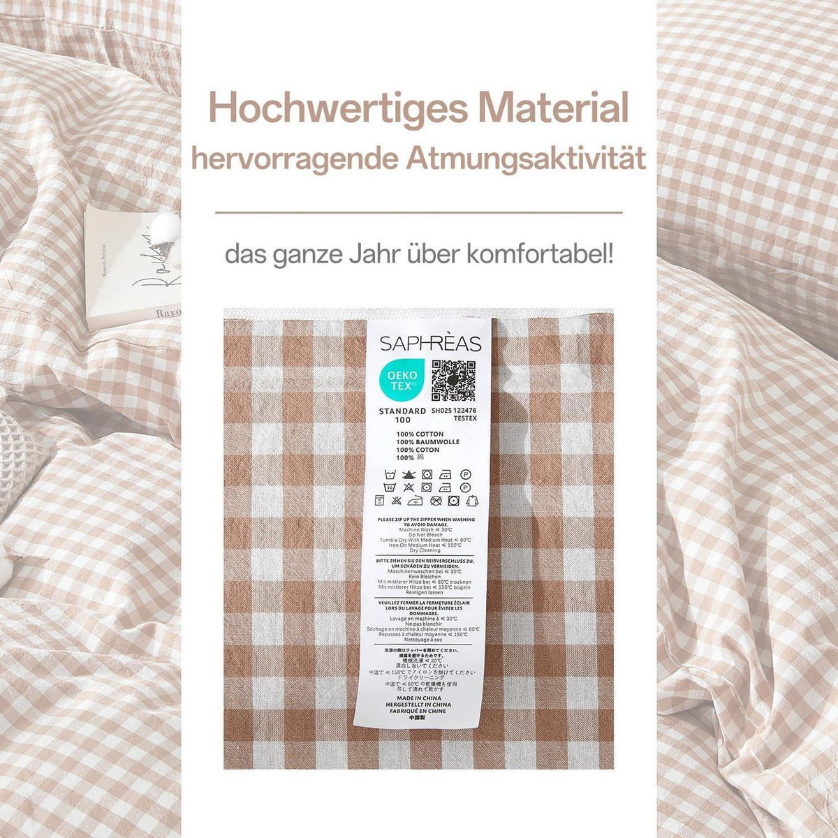 Gewaschene Baumwoll Bettwäsche Set 200x220 Taupe Kariert 3tlg.