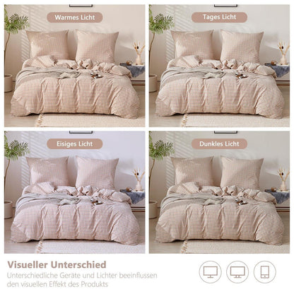 Gewaschene Baumwoll Bettwäsche Set 200x220 Taupe Kariert 3tlg.