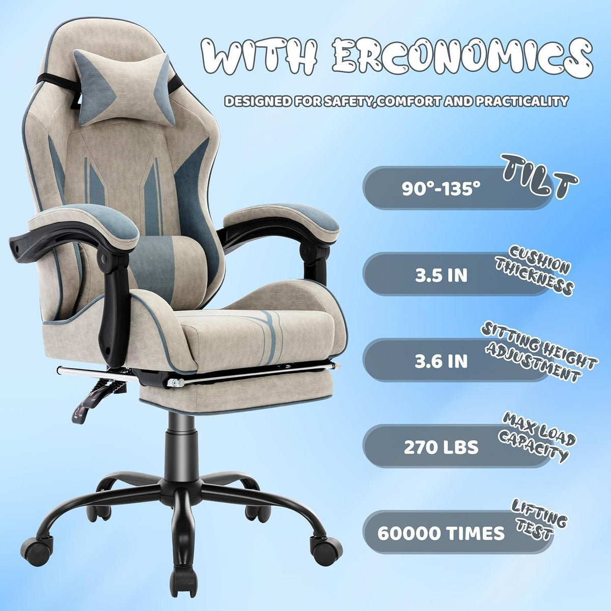 Ergonomischer Gaming-Stuhl mit Fußstütze, Kopfstütze & Lendenkissen – Grau