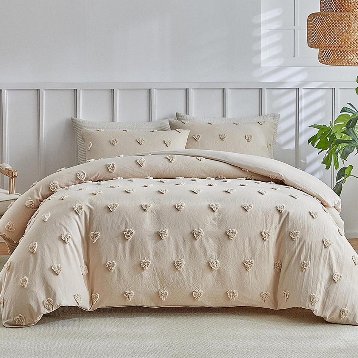 Getuftete Bettwäsche 135x200 Beige mit Herzmuster 4-teilig