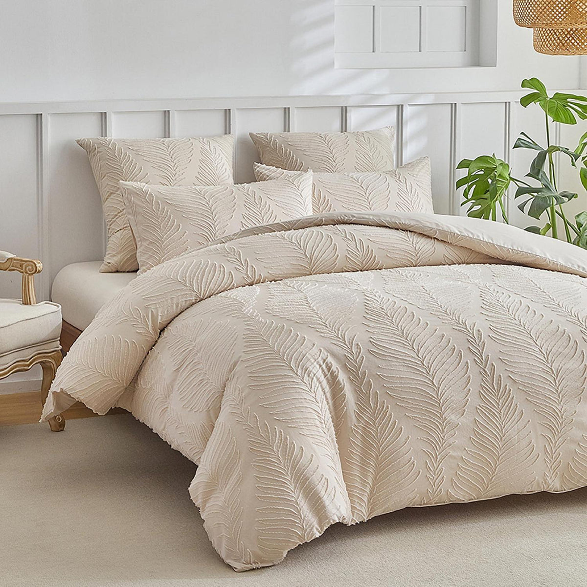 Bettwäsche-Set 135x200 cm, Beige Blattmuster, 4-teilig