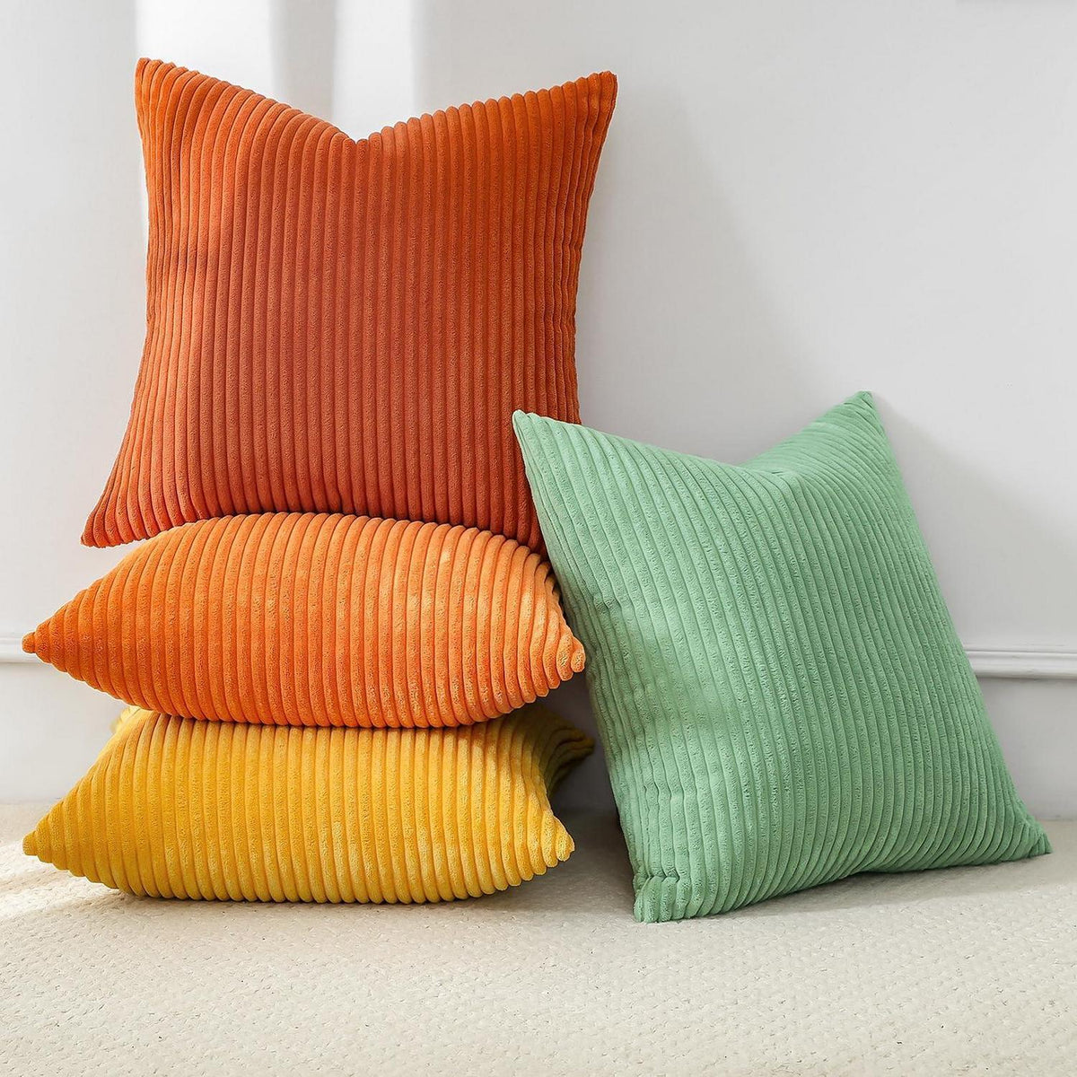 Cord Kissenbezüge 4er Set – Gelb, Orange, Grün – 45x45 cm