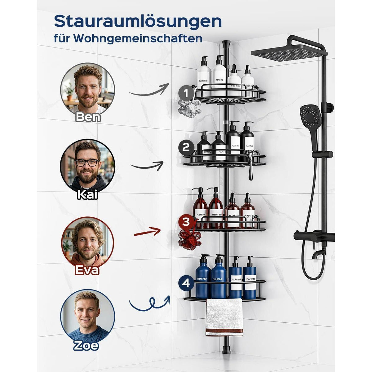 Teleskop Duschablage Eckregal 4-Stöckig Schwarz