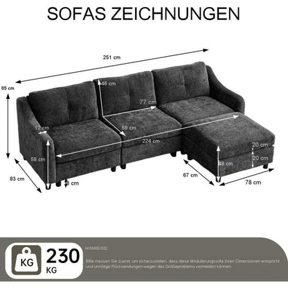 JIEXI Ecksofa mit Schlaffunktion – Grau, 3-Sitzer + Hocker