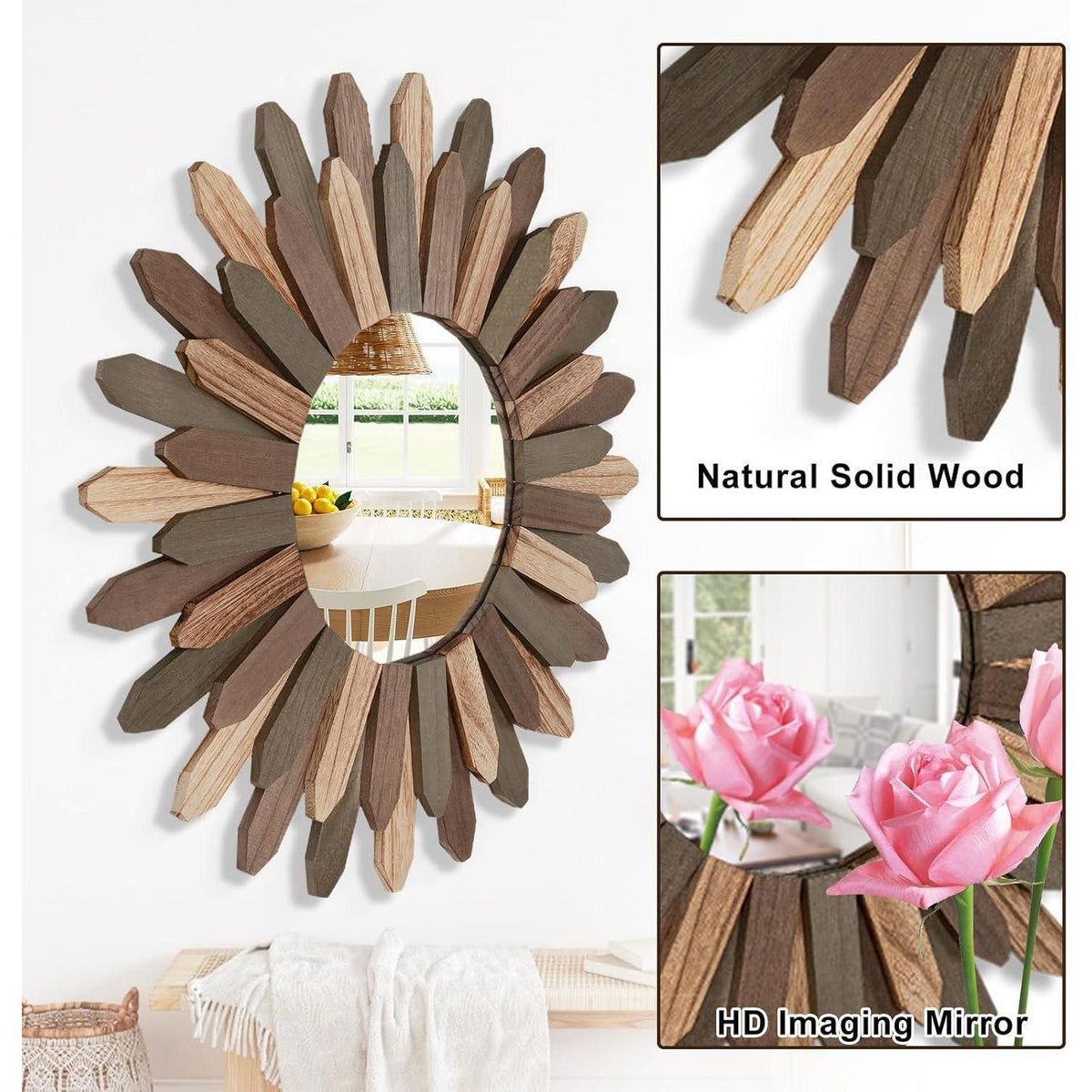 Rustikaler Wandspiegel Holz 48cm – Boho Sonnenschliff Spiegel