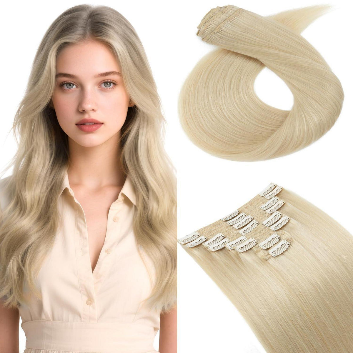 Clip In Echthaar Extensions Platinblond 30cm - 8-teilig