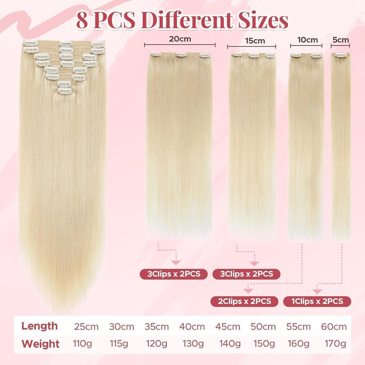 Clip In Echthaar Extensions Platinblond 30cm - 8-teilig