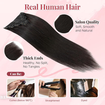 Clip-In Haarverlängerung Echthaar – 35cm, 120g, #1B Schwarz