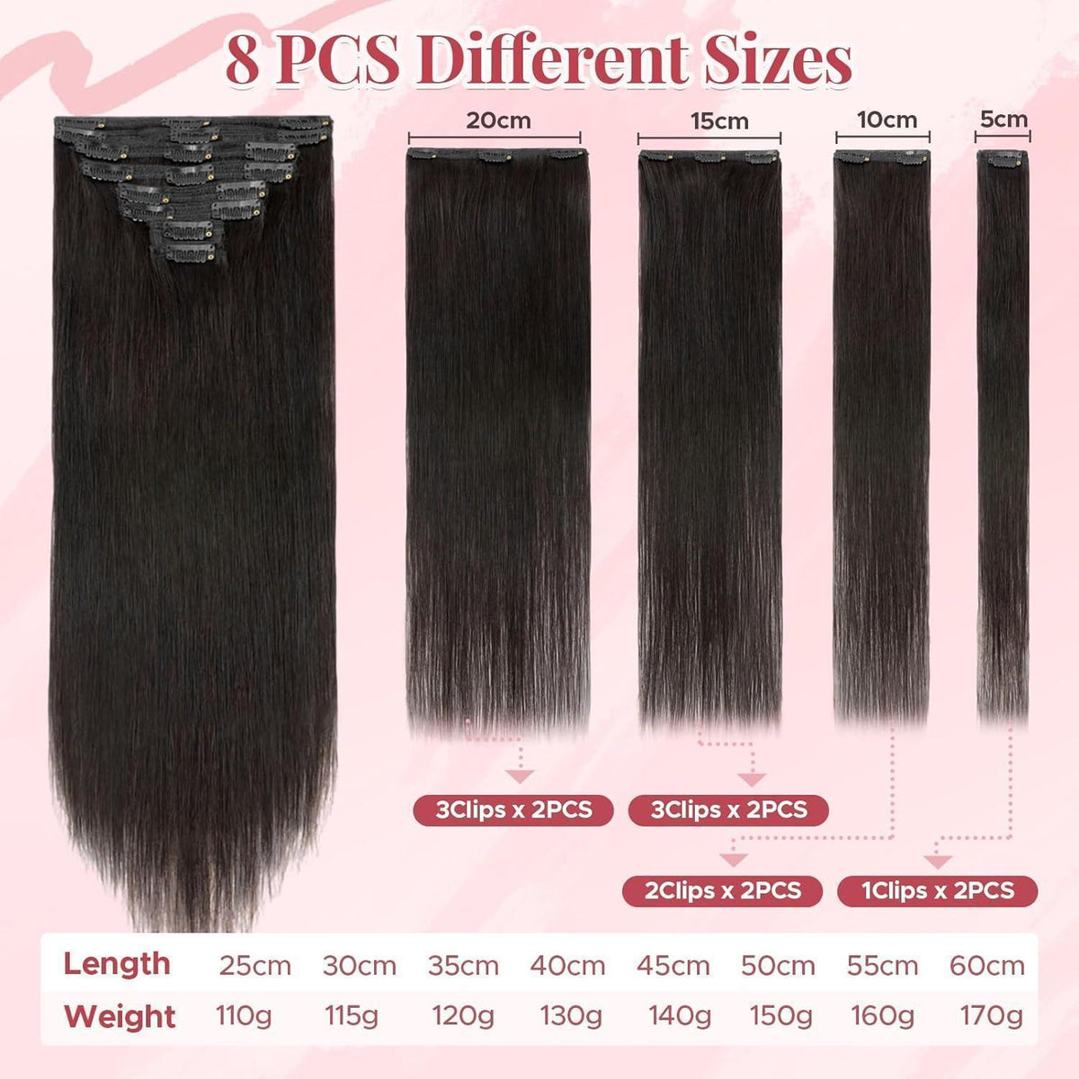 Clip-In Haarverlängerung Echthaar – 35cm, 120g, #1B Schwarz