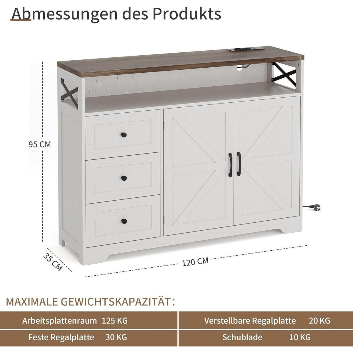 Cremeweißes Sideboard mit Schubladen & Regal – 120x35x95cm