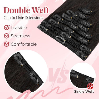Clip In Haarverlängerung Echthaar 40cm, #1B Schwarz, 130g