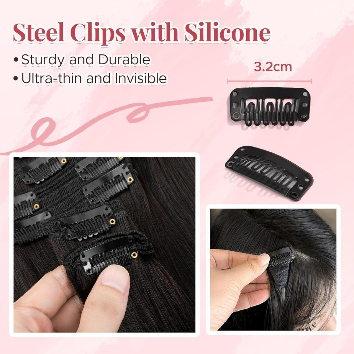 Clip In Haarverlängerung Echthaar 40cm, #1B Schwarz, 130g