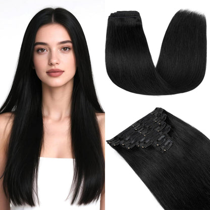 Clip In Echthaar Extensions Schwarz 40cm - 8-teiliges Set