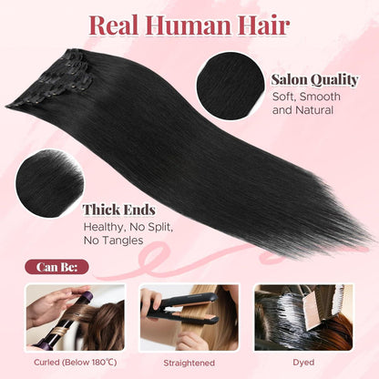 Clip In Echthaar Extensions Schwarz 40cm - 8-teiliges Set