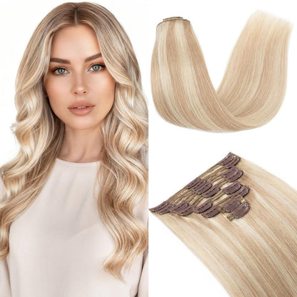 Clip In Haarverlängerung Echthaar 45cm Ascheblond/Blond 140g