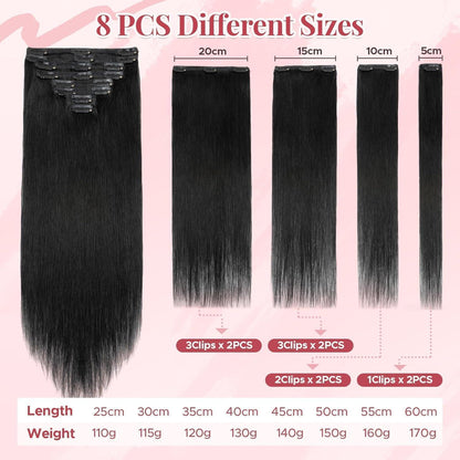 Clip In Echthaar Extensions Schwarz 50cm - 8-teilig