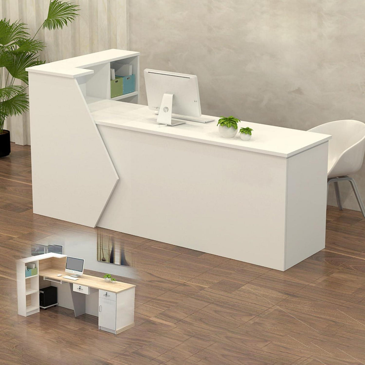 Rezeptionstheke Holz mit Stauraum – Weiß, 200x60x100cm