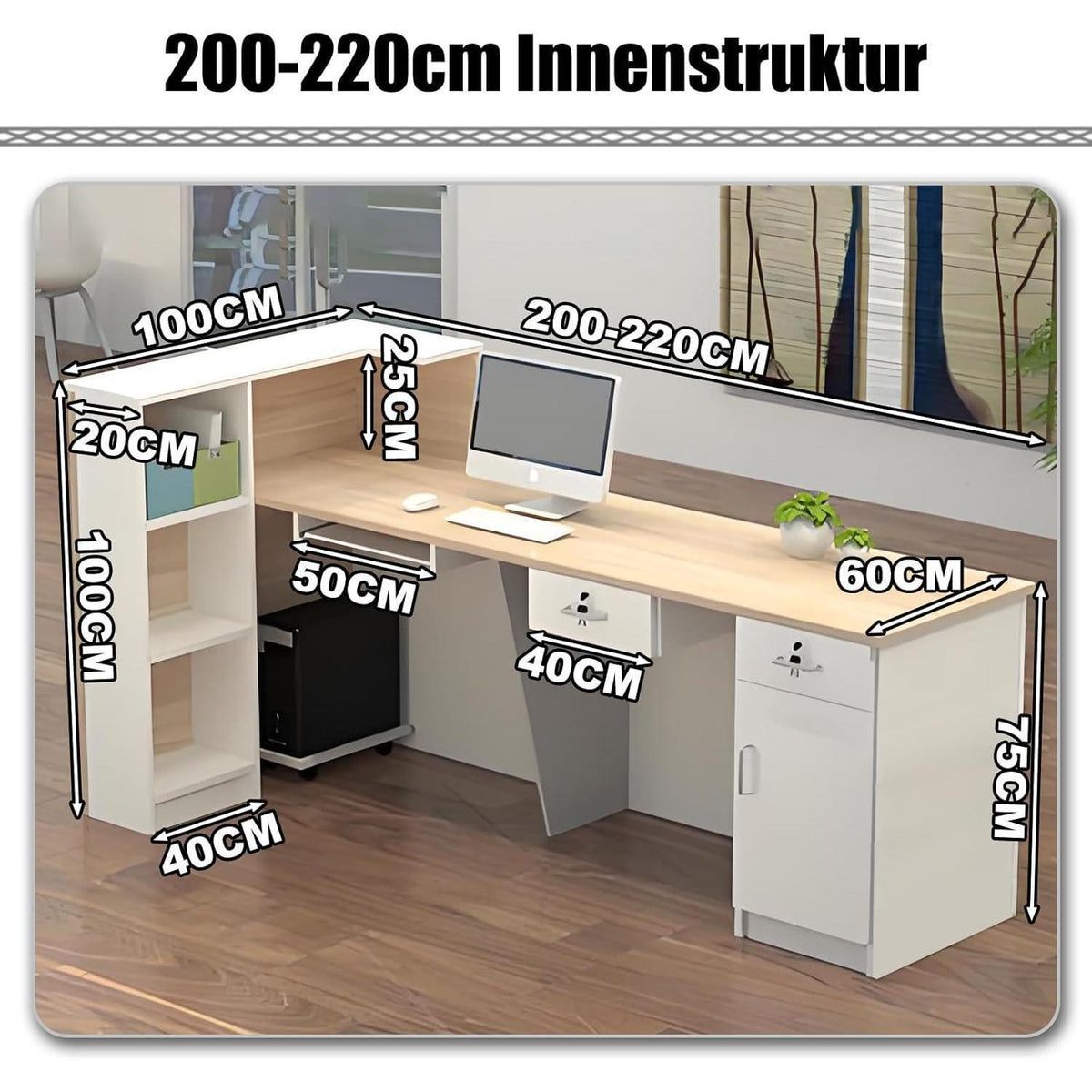 Rezeptionstheke Holz mit Stauraum – Schwarz Weiß 220x60x100cm